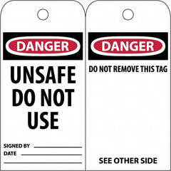 NMC - 3" High x 6" Long, DANGER \x96 UNSAFE DO NOT USE, English Safety & Facility Accident Prevention Tag - Tag Header: Danger, 2 Sides, White Poly - Caliber Tooling