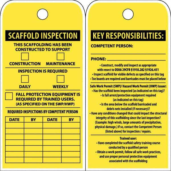 NMC - 3" High x 6" Long, SCAFFOLD INSPECTION, English Safety & Facility Inspection Tag - Tag Header: Notice, 2 Sides, Yellow Poly - Caliber Tooling