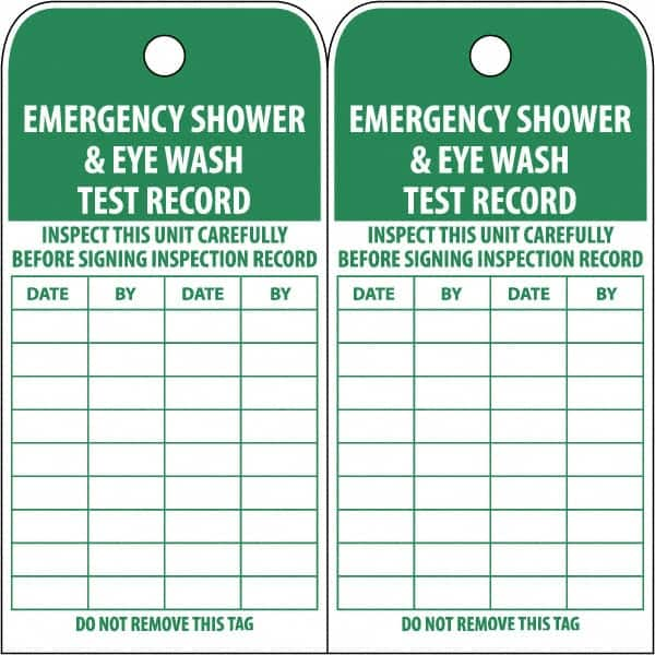 NMC - 3" High x 6" Long, EMERGENCY SHOWER & EYE WASH TEST RECORD, English Safety & Facility Accident Prevention Tag - Tag Header: Danger, 2 Sides, White Poly - Caliber Tooling