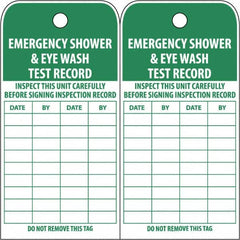 NMC - 3" High x 6" Long, EMERGENCY SHOWER & EYE WASH TEST RECORD, English Safety & Facility Accident Prevention Tag - Tag Header: Danger, 2 Sides, White Poly - Caliber Tooling