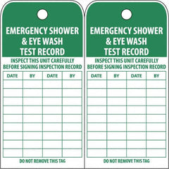 NMC - 3" High x 6" Long, EMERGENCY SHOWER & EYE WASH TEST RECORD, English Safety & Facility Accident Prevention Tag - Tag Header: Danger, 2 Sides, White Poly - Caliber Tooling