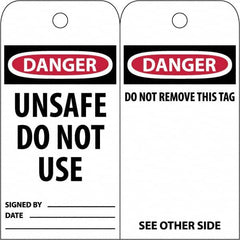 NMC - 3" High x 6" Long, DANGER \x96 UNSAFE DO NOT USE, English Safety & Facility Accident Prevention Tag - Tag Header: Danger, 2 Sides, White Poly - Caliber Tooling