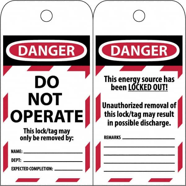 NMC - 3" High x 6" Long, DANGER \x96 DO NOT OPERATE, English Safety & Facility Lockout Tag - Tag Header: Danger, 2 Sides, Black & Red Poly - Caliber Tooling