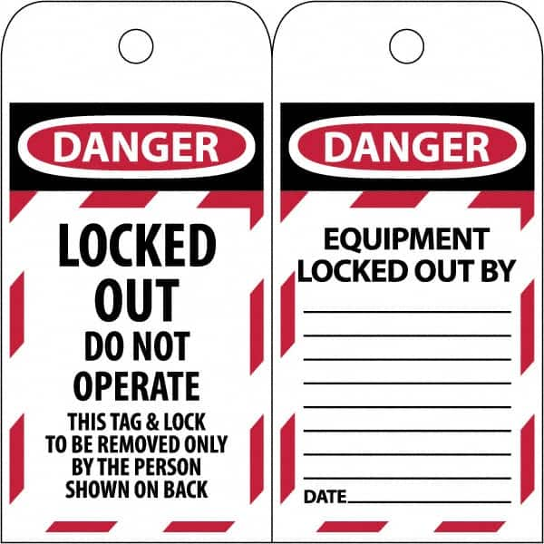 NMC - 3" High x 6" Long, LOCKED OUT - DO NOT OPERATE, English Safety & Facility Lockout Tag - Tag Header: Danger, 2 Sides, Black & Red Poly - Caliber Tooling