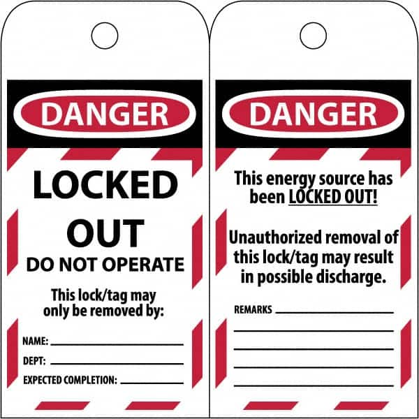 NMC - 3" High x 6" Long, LOCKED OUT - DO NOT OPERATE, English Safety & Facility Lockout Tag - Tag Header: Danger, 2 Sides, Black & Red Poly - Caliber Tooling