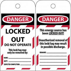 NMC - 3" High x 6" Long, LOCKED OUT - DO NOT OPERATE, English Safety & Facility Lockout Tag - Tag Header: Danger, 2 Sides, Black & Red Poly - Caliber Tooling