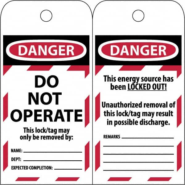 NMC - 3" High x 6" Long, LOCKED OUT - DO NOT OPERATE, English Safety & Facility Lockout Tag - Tag Header: Danger, 2 Sides, Black & Red Poly - Caliber Tooling