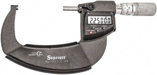 Starrett - 2 to 3" Range, Standard Throat IP67 Electronic Outside Micrometer - Friction Thimble, Carbide Face, CR2032 Battery - Caliber Tooling