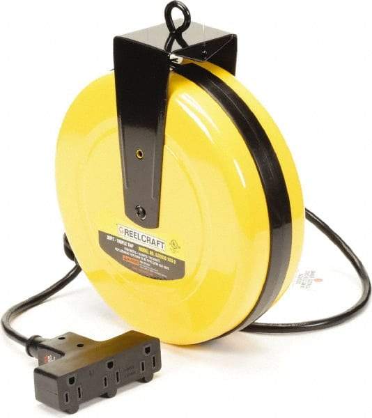 Reelcraft - 16 AWG, 30' Cable Length, Cord & Cable Reel with Outlet End - 3 Outlets, NEMA 5-15R, 10 Amps, 125 Volts, SJTW Cable, Yellow Reel, Spring Driven Reel - Caliber Tooling