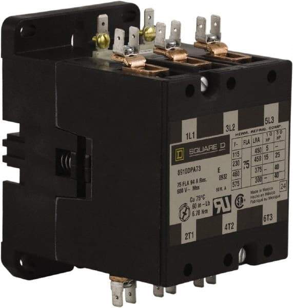 Square D - 3 Pole, 75 Amp Inductive Load, 24 Coil VAC at 50/60 Hz, Definite Purpose Contactor - Phase 1 and Phase 3 Hp:  15 at 230 VAC, 25 at 230 VAC, 40 at 460 VAC, 40 at 575 VAC, 5 at 115 VAC, 94 Amp Resistive Rating, CE, CSA, UL Listed - Caliber Tooling