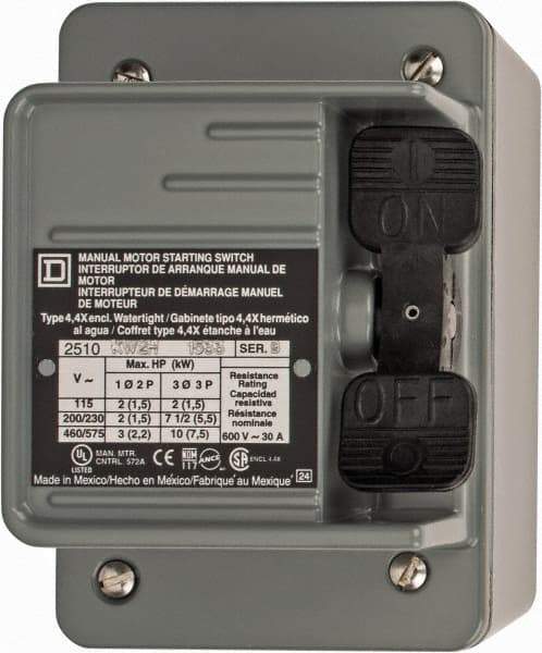 Square D - 3 Poles, 30 Amp, NEMA, Enclosed Toggle Manual Motor Starter - 1 hp at 90 VDC, 10 hp at 460 VAC, 10 hp at 575 VAC, 1-1/2 hp at 230 VDC, 2 hp at 115 VAC, 2 hp at 115 VDC & 7-1/2 hp at 230 VAC, CE, CSA, NEMA 4 & UL Listed - Caliber Tooling