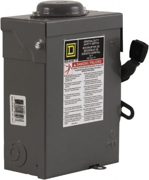 Square D - 30 Amp, 240 V, 3 Pole Fused Safety Switch - NEMA 3R, 3 hp at 240 VAC (Single Phase), 7.5 hp at 240 VAC (Triple Phase), 3PST Contact Form - Caliber Tooling