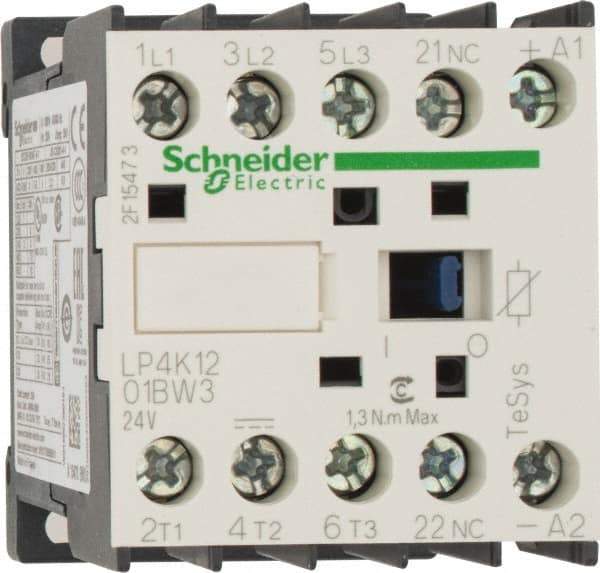 Schneider Electric - 3 Pole, 24 Coil VDC, 12 Amp at 440 VAC, 16 Amp at 690 VAC and 20 Amp at 440 VAC, Nonreversible IEC Contactor - BS 5424, CSA, IEC 60947, NF C 63-110, RoHS Compliant, UL Listed, VDE 0660 - Caliber Tooling