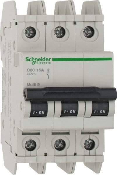 Schneider Electric - 15 Amp, 125 VDC, 240 VAC, 60 VDC, 3 Pole, DIN Rail Mount, Fixed Mount Miniature Circuit Breaker - Thermal Magnetic Trip, Multiple Breaking Capacity Ratings, 73mm Deep x 107mm High x 54mm Wide - Caliber Tooling