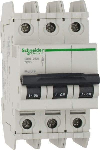 Schneider Electric - 25 Amp, 125 VDC, 240 VAC, 60 VDC, 3 Pole, DIN Rail Mount, Fixed Mount Miniature Circuit Breaker - Thermal Magnetic Trip, Multiple Breaking Capacity Ratings, 73mm Deep x 107mm High x 54mm Wide - Caliber Tooling