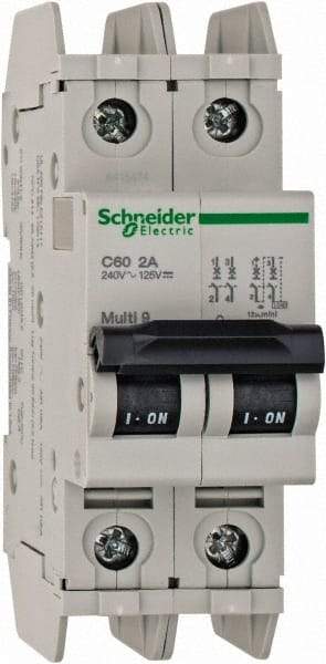 Schneider Electric - 2 Amp, 125 VDC, 240 VAC, 60 VDC, 1 Pole, DIN Rail Mount, Fixed Mount Miniature Circuit Breaker - Thermal Magnetic Trip, Multiple Breaking Capacity Ratings, 73mm Deep x 107mm High x 36mm Wide - Caliber Tooling