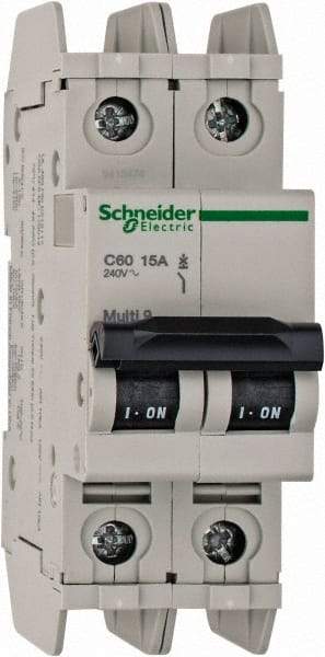 Schneider Electric - 15 Amp, 125 VDC, 240 VAC, 60 VDC, 1 Pole, DIN Rail Mount, Fixed Mount Miniature Circuit Breaker - Thermal Magnetic Trip, Multiple Breaking Capacity Ratings, 73mm Deep x 107mm High x 36mm Wide - Caliber Tooling