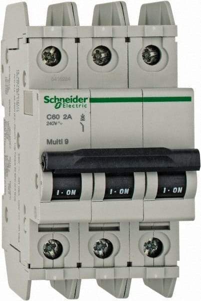 Schneider Electric - 2 Amp, 125 VDC, 240 VAC, 60 VDC, 3 Pole, DIN Rail Mount, Fixed Mount Miniature Circuit Breaker - Thermal Magnetic Trip, Multiple Breaking Capacity Ratings, 73mm Deep x 107mm High x 54mm Wide - Caliber Tooling