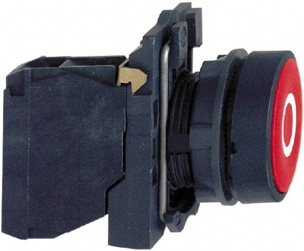 Schneider Electric - 22mm Mount Hole, Flush, Pushbutton Switch with Contact Block - Round, Red Pushbutton, Momentary (MO) - Caliber Tooling