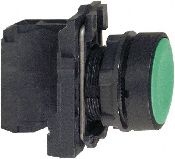 Schneider Electric - 22mm Mount Hole, Flush, Pushbutton Switch with Contact Block - Round, Green Pushbutton, Momentary (MO) - Caliber Tooling