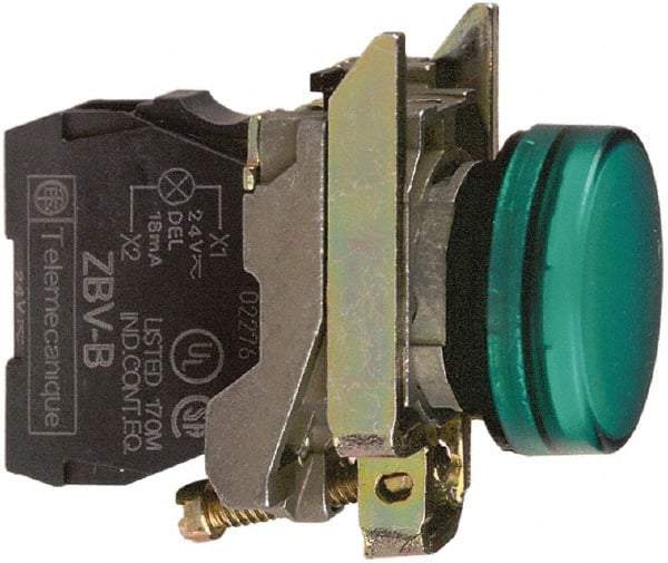 Schneider Electric - 110-120 VAC at 50/60 Hz Green Lens LED Pilot Light - Round Lens, Screw Clamp Connector, 30mm Wide, Vibration Resistant, Water Resistant - Caliber Tooling