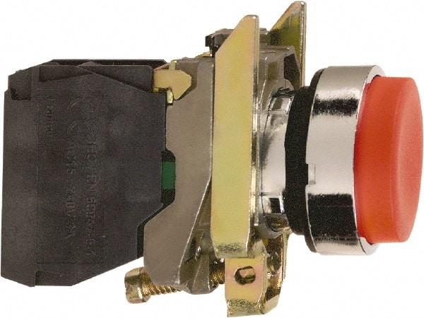 Schneider Electric - 22mm Mount Hole, Extended Straight, Pushbutton Switch with Contact Block - Round, Red Pushbutton, Momentary (MO) - Caliber Tooling