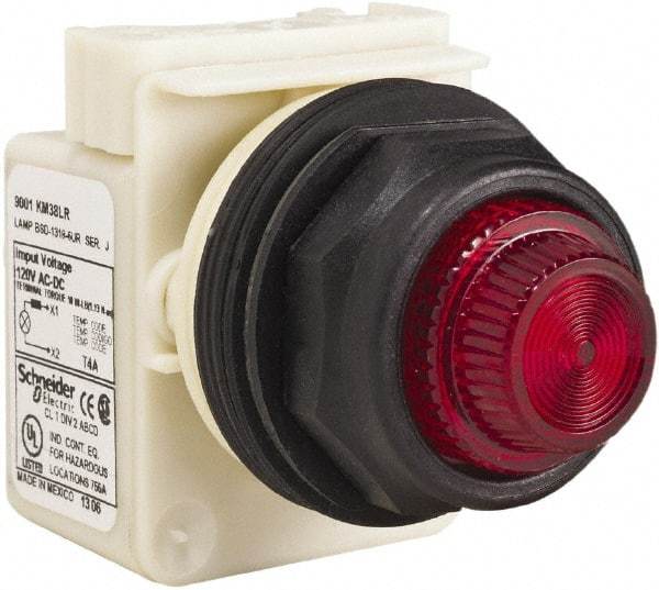 Schneider Electric - 120 V Red Lens LED Indicating Light - Round Lens, Screw Clamp Connector, Corrosion Resistant, Dust Resistant, Oil Resistant - Caliber Tooling