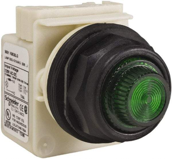 Schneider Electric - 120 V Green Lens LED Indicating Light - Round Lens, Screw Clamp Connector, Corrosion Resistant, Dust Resistant, Oil Resistant - Caliber Tooling