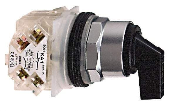 Schneider Electric - 1.18 Inch Mount Hole, 3 Position, Knob and Pushbutton Operated, Selector Switch - Black, Momentary (MO), 2NO/2NC, Weatherproof and Dust and Oil Resistant - Caliber Tooling