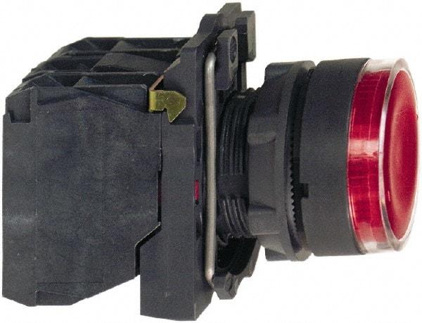 Schneider Electric - 22mm Mount Hole, Flush, Pushbutton Switch with Contact Block - Round, Red Pushbutton, Illuminated, Momentary (MO) - Caliber Tooling