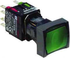 Schneider Electric - 16mm Mount Hole, Flush, Pushbutton Switch with Contact Block - Rectangle, Green Pushbutton, Illuminated, Momentary (MO) - Caliber Tooling