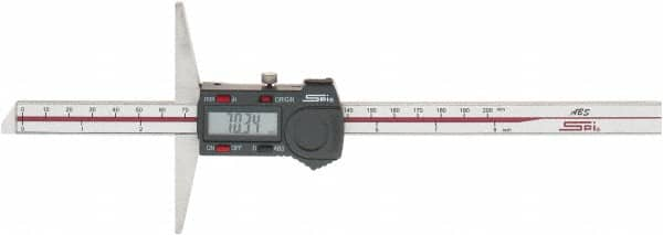 SPI - 0mm to 200mm ABS Plastic (Case) Electronic Depth Gage - 0.03mm Accuracy, 0.01mm Resolution, 4" Base Length - Caliber Tooling