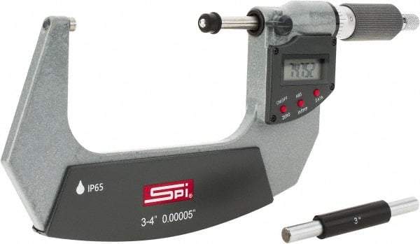 SPI - 3 to 4" Range, 0.00005" Resolution, Double Ratchet IP65 Electronic Outside Micrometer - 0.0002" Accuracy, Ratchet-Friction Thimble, Carbide Face, CR2032 Battery, Includes NIST Traceable Certification of Inspection - Caliber Tooling