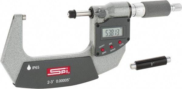 SPI - 2 to 3" Range, 0.00005" Resolution, Double Ratchet IP65 Electronic Outside Micrometer - 0.0002" Accuracy, Ratchet-Friction Thimble, Carbide Face, CR2032 Battery, Includes NIST Traceable Certification of Inspection - Caliber Tooling