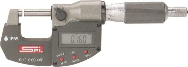 SPI - 0 to 1" Range, 0.00005" Resolution, Double Ratchet IP65 Electronic Outside Micrometer - 0.0001" Accuracy, Ratchet-Friction Thimble, Carbide Face, CR2032 Battery, Includes NIST Traceable Certification of Inspection - Caliber Tooling