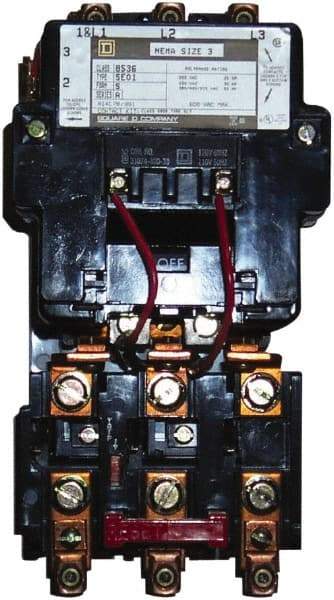 Square D - 110 Coil VAC at 50 Hz, 120 Coil VAC at 60 Hz, 90 Amp, NEMA Size 3, Nonreversible Open Enclosure NEMA Motor Starter - 3 Phase hp: 25 at 200 VAC, 30 at 230 VAC, 50 at 460 VAC, 50 at 575 VAC - Caliber Tooling