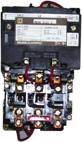 Square D - 110 Coil VAC at 50 Hz, 120 Coil VAC at 60 Hz, 45 Amp, NEMA Size 2, Nonreversible Open Enclosure NEMA Motor Starter - 3 Phase hp: 10 at 200 VAC, 15 at 230 VAC, 25 at 460 VAC, 25 at 575 VAC - Caliber Tooling