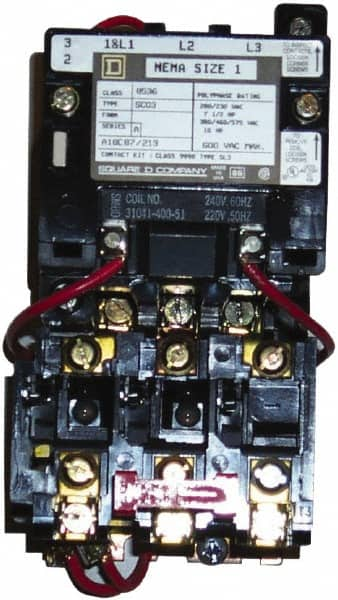 Square D - 110 Coil VAC at 50 Hz, 120 Coil VAC at 60 Hz, 27 Amp, NEMA Size 1P, Nonreversible Open Enclosure NEMA Motor Starter - 1 Phase hp: 3 at 115 VAC, 5 at 230 VAC - Caliber Tooling