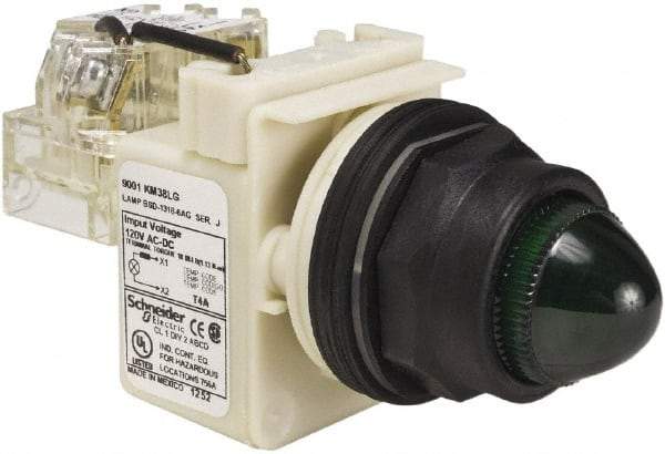 Schneider Electric - 120 V Green Lens LED Press-to-Test Indicating Light - Round Lens, Screw Clamp Connector, Corrosion Resistant, Dust Resistant, Oil Resistant - Caliber Tooling