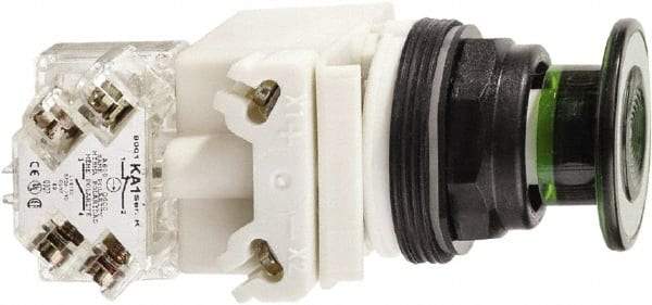 Schneider Electric - 30mm Mount Hole, Extended Straight, Pushbutton Switch with Contact Block - Green Pushbutton, Maintained (MA) - Caliber Tooling