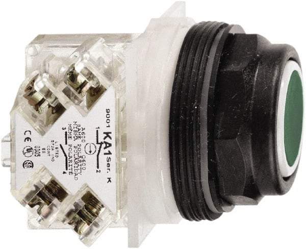 Schneider Electric - 30mm Mount Hole, Flush, Pushbutton Switch with Contact Block - Octagon, Green Pushbutton, Momentary (MO) - Caliber Tooling