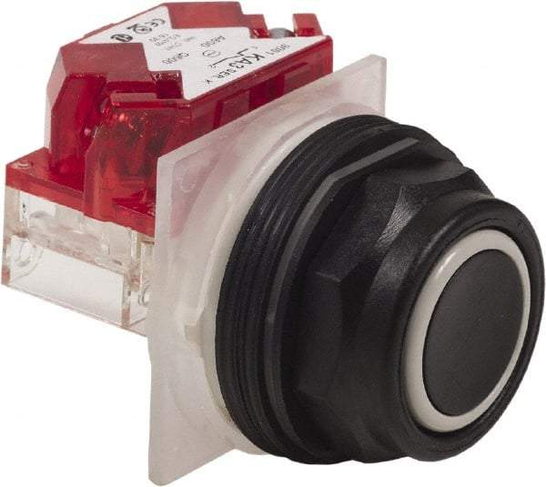 Schneider Electric - 30mm Mount Hole, Extended Straight, Pushbutton Switch with Contact Block - Black Pushbutton, Momentary (MO) - Caliber Tooling