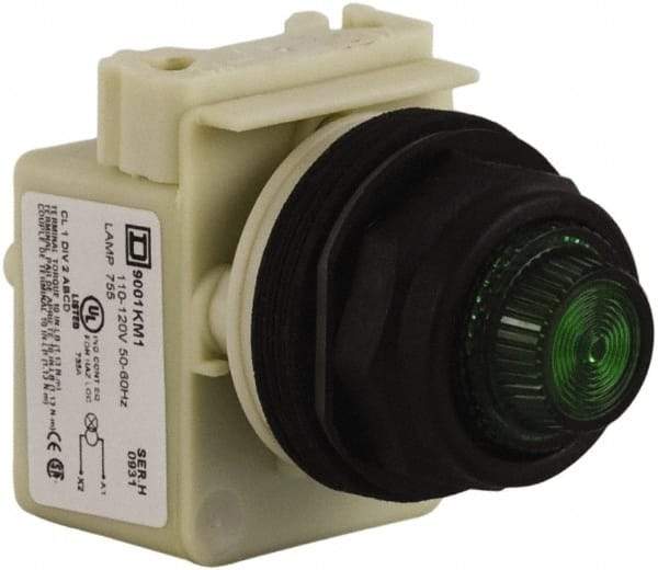 Schneider Electric - 110 VAC at 50/60 Hz via Transformer, 120 VAC at 50/60 Hz via Transformer Green Lens Indicating Light - Round Lens, Screw Clamp Connector, Corrosion Resistant, Dust Resistant, Oil Resistant - Caliber Tooling