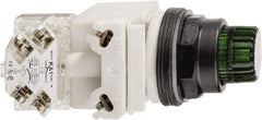 Schneider Electric - 30mm Mount Hole, Extended Straight, Pushbutton Switch with Contact Block - Green Pushbutton, Momentary (MO) - Caliber Tooling