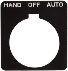 Schneider Electric - Square, Plastic Legend Plate - Hand-Off-Auto - Black Background, White Letters, 1.2 Inch Hole Diameter, 1-3/4 Inch Square - Caliber Tooling