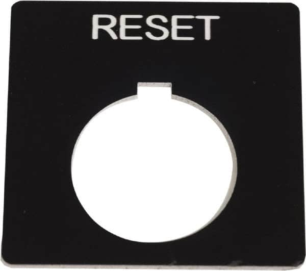 Schneider Electric - Square, Plastic Legend Plate - Reset - Black Background, White Letters, 1.2 Inch Hole Diameter, 2-1/4 Inch Square - Caliber Tooling