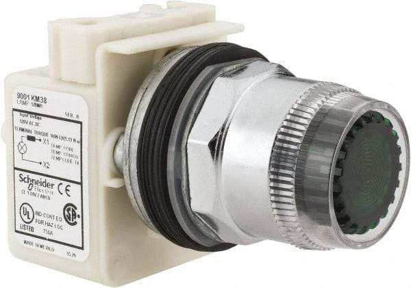 Schneider Electric - 1.18 Inch Mount Hole, Extended Straight, Pushbutton Switch Only - Round, Green Pushbutton, Illuminated, Momentary (MO), Weatherproof, Dust and Oil Resistant - Caliber Tooling