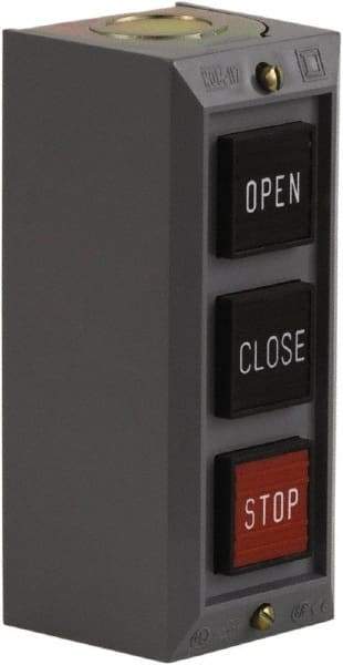 Schneider Electric - 3 Operator, Projecting Pushbutton Control Station - Close, Open, Stop (Legend), Momentary Switch, 2NO/3NC Contact, NEMA 1 - Caliber Tooling