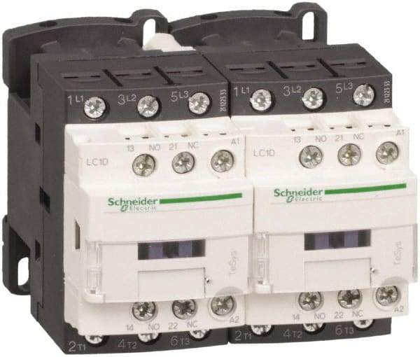 Schneider Electric - 3 Pole, 220 Coil VAC at 50/60 Hz, 12 Amp at 440 VAC, Reversible IEC Contactor - 1 Phase hp: 1 at 115 VAC, 2 at 230/240 VAC, 3 Phase hp: 10 at 575/600 VAC, 3 at 200/208 VAC, 3 at 230/240 VAC, 7.5 at 460/480 VAC - Caliber Tooling