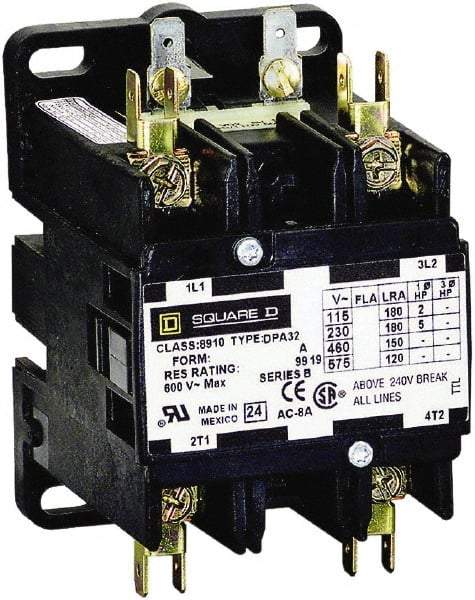 Square D - 2 Pole, 30 Amp Inductive Load, 208 to 240 Coil VAC at 60 Hz and 220 Coil VAC at 50 Hz, Definite Purpose Contactor - Phase 1 Hp:  2 at 115 VAC, 5 at 230 VAC, 40 Amp Resistive Rating, CE, CSA, UL Listed - Caliber Tooling